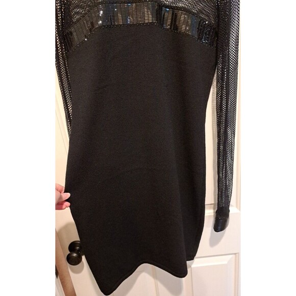 ST JOHN by Marie Gray: Black Dress Size 10 Long Sleeves Sequin Mesh Metallic - Picture 3 of 16